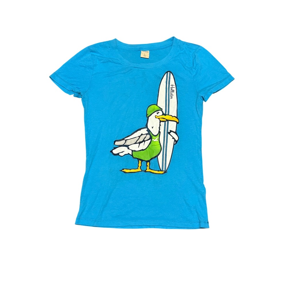 Hollister California Women Blue Surfing Seagull Graphic T-Shirt Large L Y2K